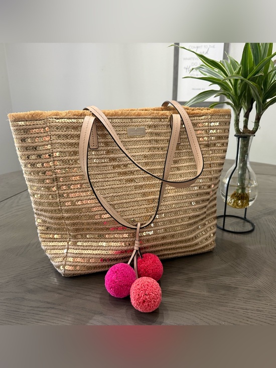 kate spade Handbags - Kate Spade NY Garden Way Hallie Raffia Gold Sequin Stripes Pom Pom Tote HandBag